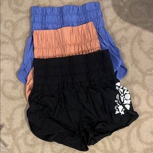 Set of Three Ruched Shorts in Black, Blue, and Peach
